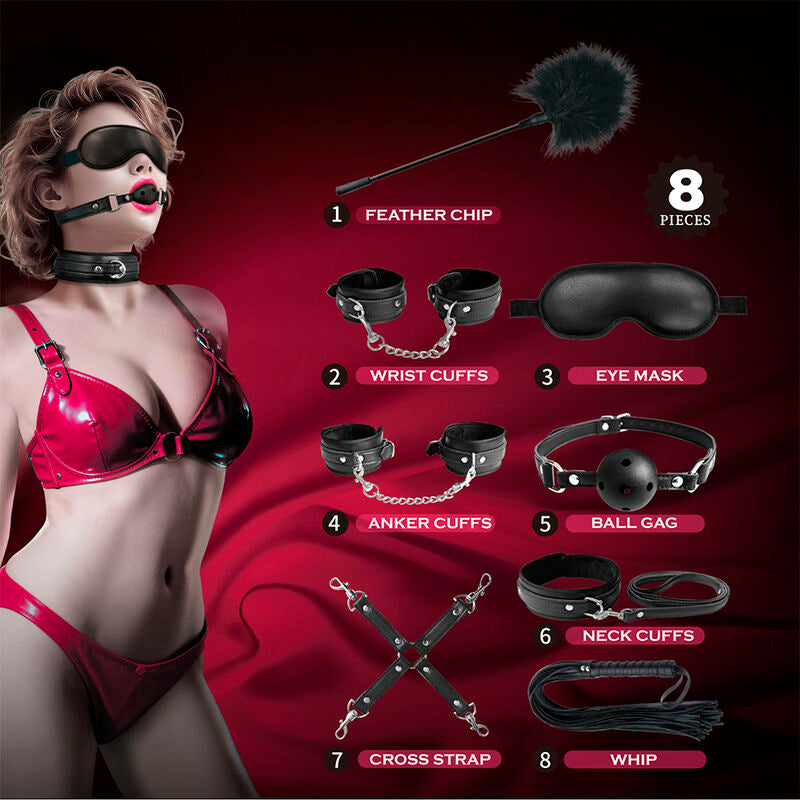 Composition marketing du kit BDSM : modèle en lingerie rouge portant bandeau et bâillon à gauche, les 8 accessoires numérotés à droite sur fond rouge