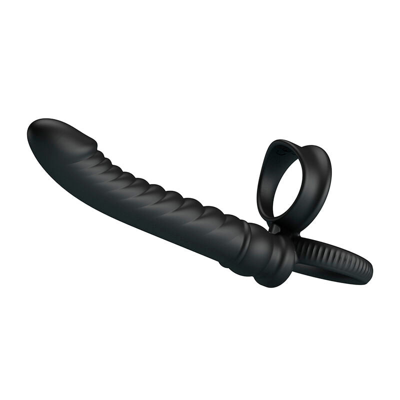 Vibrateur anal Merritt vu en diagonale, gros plan sur le double anneau et le marquage de la marque