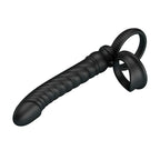 Vibrateur anal Merritt noir, vue en diagonale sur la tige striée en spirale et le double anneau à la base