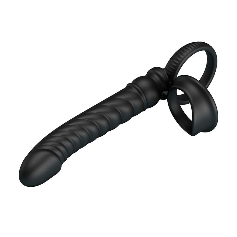 Vibrateur anal Merritt noir, vue en diagonale sur la tige striée en spirale et le double anneau à la base