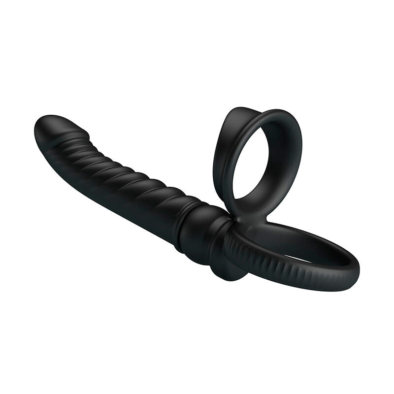 Vibrateur anal Merritt noir, vue en diagonale sur l'ensemble de la tige et du double anneau