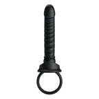 Vibrateur anal Merritt noir vu de face à la verticale, tige striée en spirale et anneau de maintien à la base