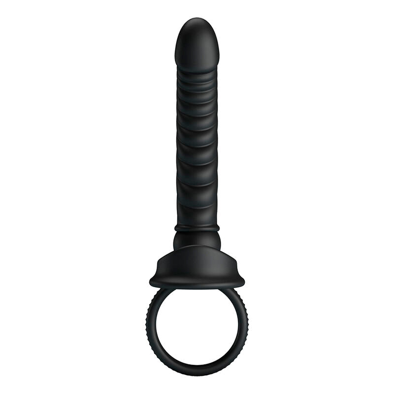 Vibrateur anal Merritt noir vu de face à la verticale, tige striée en spirale et anneau de maintien à la base
