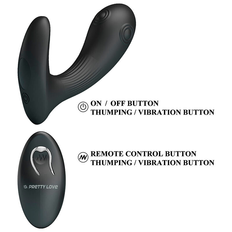 Schéma annoté du Mirabelle : bouton marche/arrêt et percussion/vibration sur l'appareil, mêmes fonctions sur la télécommande