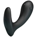 Vibromasseur de prostate Mirabelle noir, vue de trois quarts sur la tête bulbeuse à double bouton et la branche périnéale