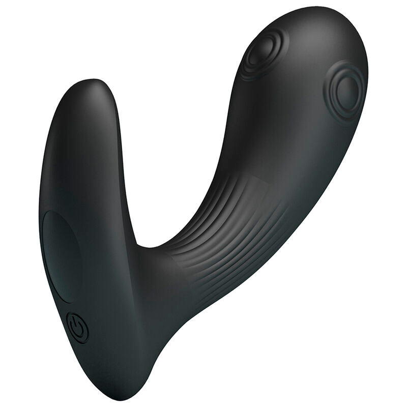 Vibromasseur de prostate Mirabelle noir, vue de trois quarts sur la tête bulbeuse à double bouton et la branche périnéale