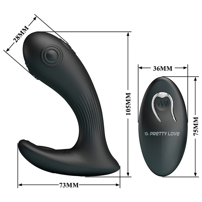 Schéma dimensionnel du Mirabelle : 105 mm de hauteur, 73 mm de largeur à la base et 28 mm à l'embout ; télécommande de 36 x 75 mm
