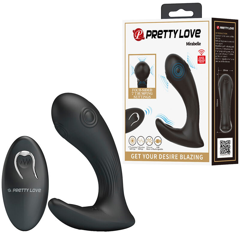 Vibromasseur Mirabelle et sa télécommande à côté de l'emballage Pretty Love, icônes 7 réglages de percussion, 7 de vibration, silicone et USB rechargeable