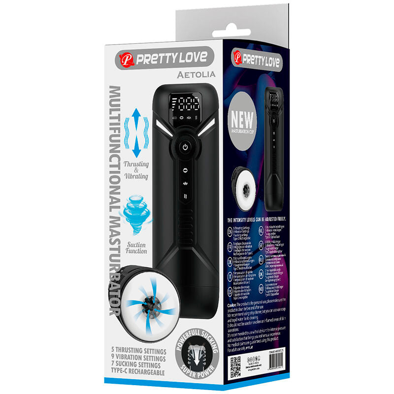 Emballage du masturbateur Aetolia Pretty Love, recto et tranche avec liste des fonctions multilingue et QR code