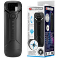 Masturbateur automatique Aetolia noir à côté de son emballage Pretty Love, pictogrammes pénétration, vibration et succion, mentions 5 réglages de poussée, 9 de vibration, 7 d'aspiration et recharge USB-C