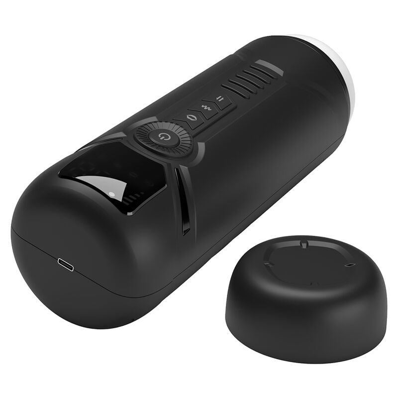 Masturbateur Aetolia vu du côté de la base, port de charge USB-C visible, capuchon détaché à côté