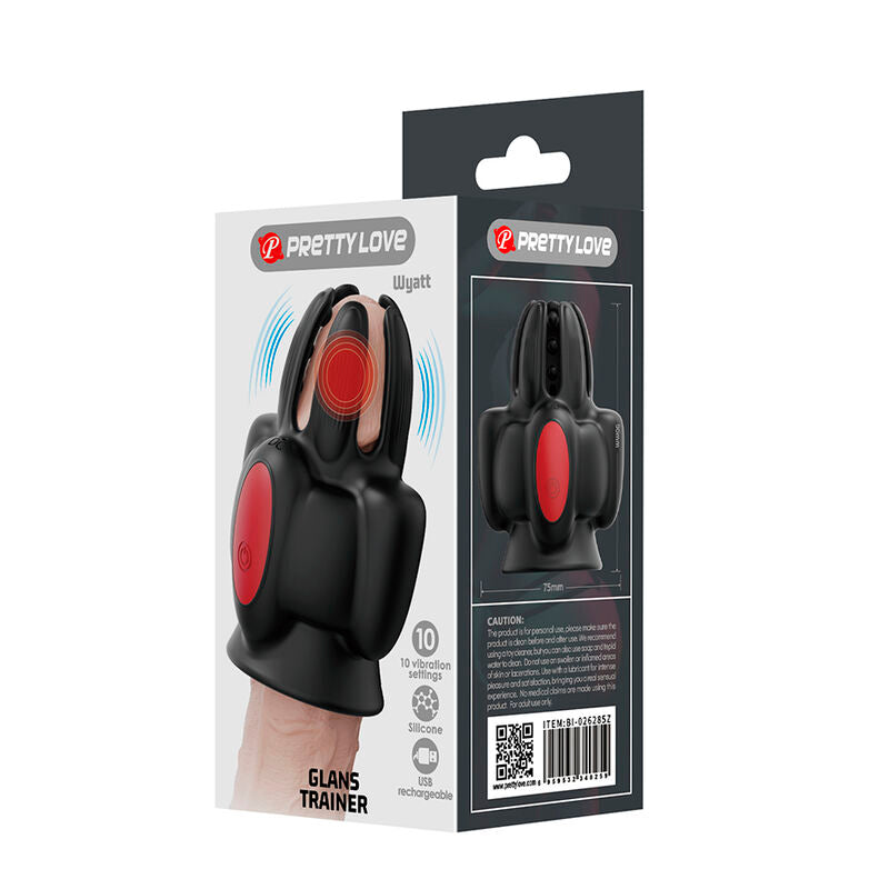 Emballage du Wyatt Pretty Love, recto et tranche, pictogrammes 10 réglages de vibration, silicone, USB rechargeable et code-barres ITEM BI-026285Z
