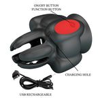 Schéma annoté du Wyatt : bouton marche/arrêt et fonction sur la pastille rouge, orifice de charge DC et câble USB rechargeable fourni