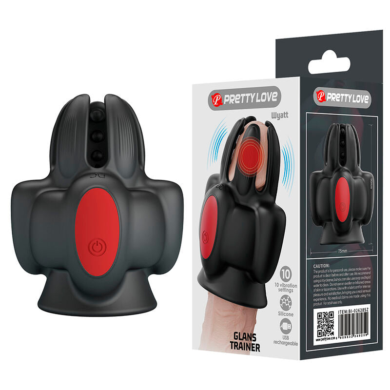 Masturbateur Wyatt à côté de son emballage Pretty Love « Glans Trainer », icônes 10 réglages de vibration, silicone et recharge USB, code-barres visible