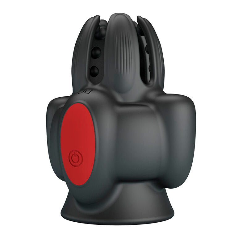Masturbateur automatique Wyatt noir, vue de face sur l'ouverture texturée à nervures et le bouton d'alimentation rouge ovale