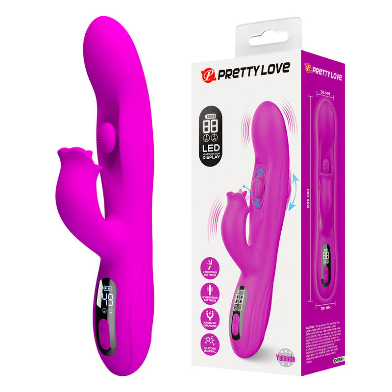 Emballage du Pretty Love Yalanda avec le vibrateur magenta à côté, dimensions 36 mm et 239 mm imprimées sur la tranche