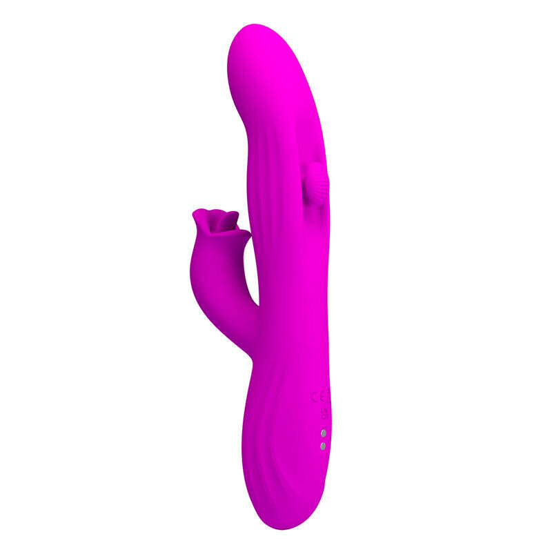 Vibrateur Yalanda magenta vu de profil debout, stimulateur floral sur le côté et tige ondulée