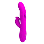 Vibrateur Yalanda magenta vu de profil debout, stimulateur floral sur le côté et tige ondulée