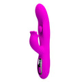 Vibrateur Yalanda magenta vu de face, gros plan sur le stimulateur en forme de fleur et la tige perlée