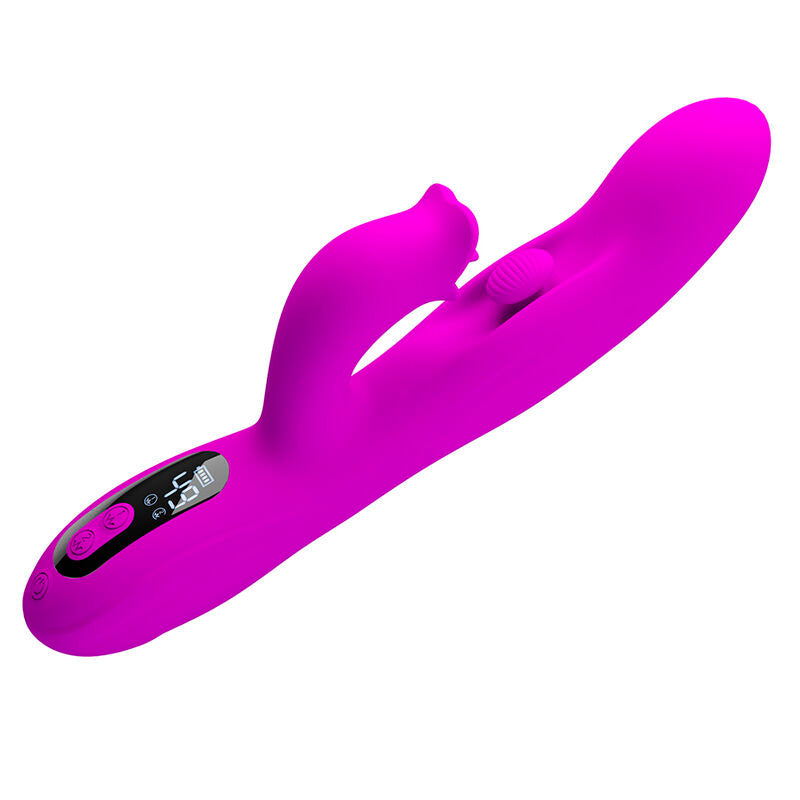 Vibrateur lapin oscillant Yalanda magenta vu en diagonale, stimulateur en forme de bouton de rose