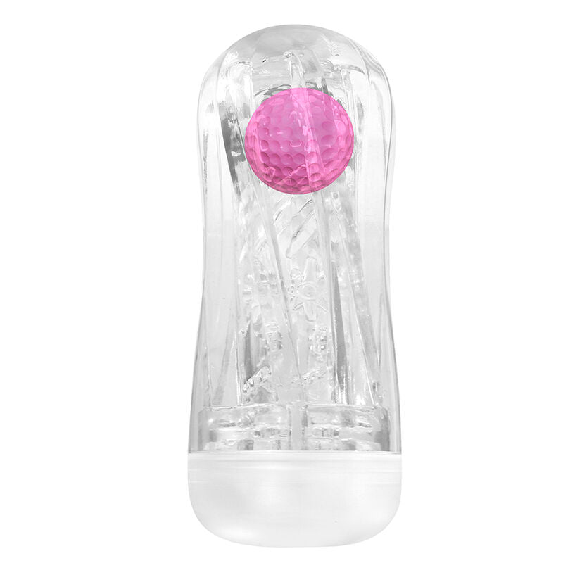 Coupe de masturbation transparente sans habillage, vue de face avec bille rose à l'ouverture et capuchon blanc à la base