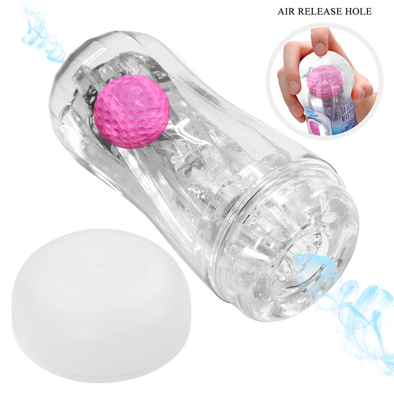 Coupe de masturbation illustrant l'orifice de libération d'air à la base, médaillon montrant une main pressant la bille rose, capuchon blanc détaché