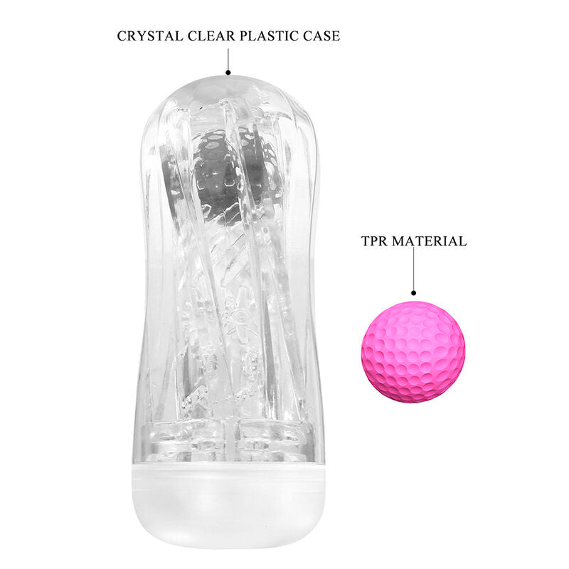 Schéma annoté de la coupe : coque en plastique cristal transparent et bille en matière TPR présentée séparément