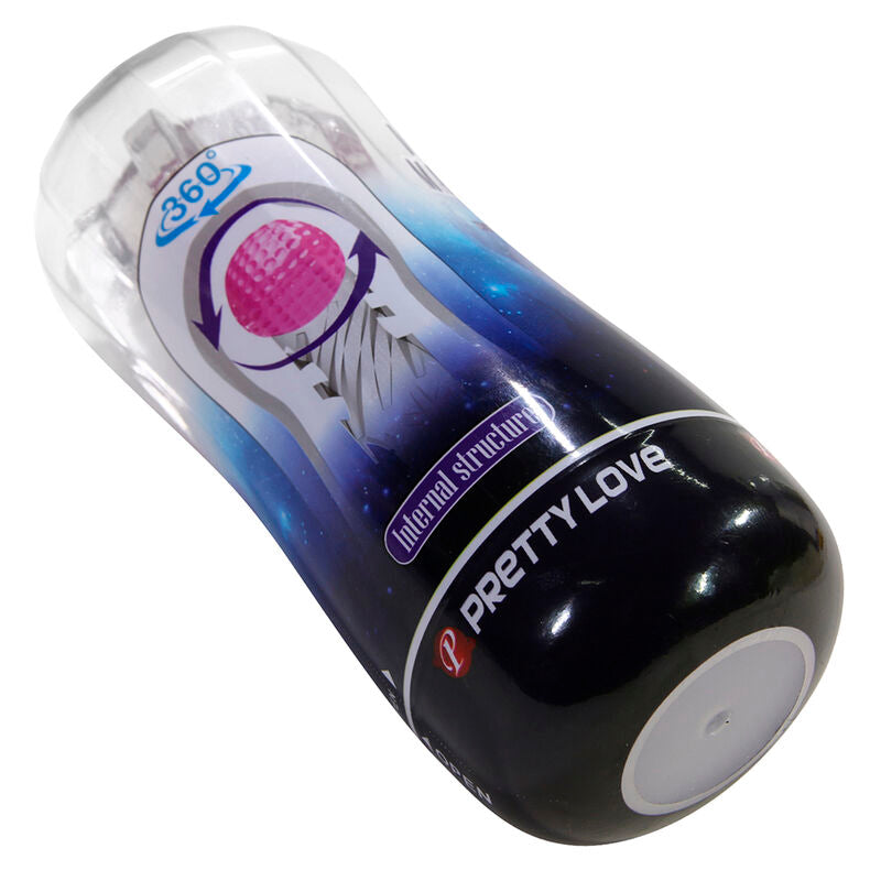 Coupe de masturbation transparente vue en diagonale sous un autre angle, base noire et bleue avec logo Pretty Love