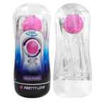 Coupe de masturbation transparente avec sa bille rose visible par l'ouverture, à côté d'une version sans habillage montrant les nervures internes