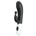 Vibrateur lapin Rasmussen noir, vue de face à la verticale avec tige nervurée et stimulateur externe en forme d'éventail