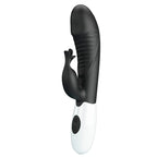 Vibrateur lapin Rasmussen noir, vue de face à la verticale avec tige nervurée et stimulateur externe en forme d'éventail
