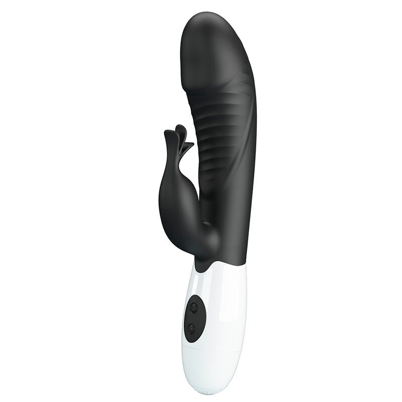 Vibrateur lapin Rasmussen noir, vue de face à la verticale avec tige nervurée et stimulateur externe en forme d'éventail