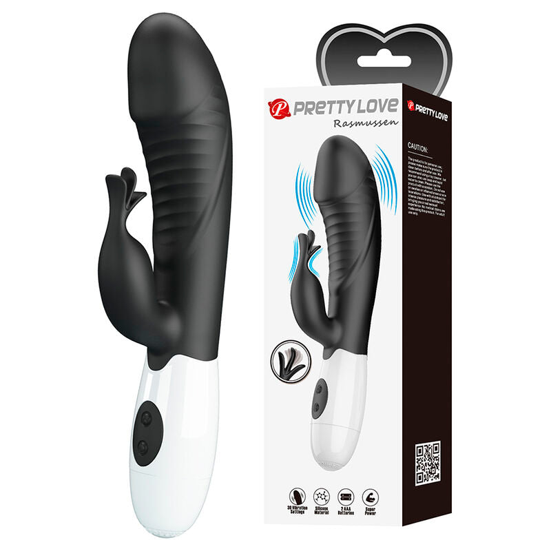 Vibrateur lapin Rasmussen à côté de son emballage Pretty Love à accroche en forme de cœur, pictogrammes de fonctions
