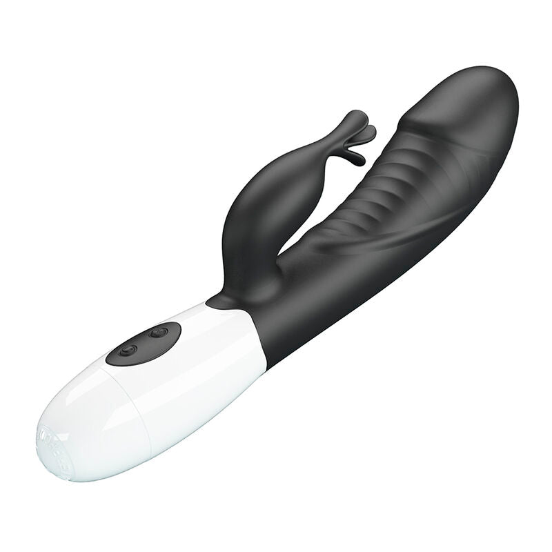 Vibrateur lapin Rasmussen vu en diagonale, boutons de commande visibles sur la base blanche