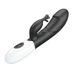 Vibrateur lapin Rasmussen vu en diagonale, boutons de commande visibles sur la base blanche