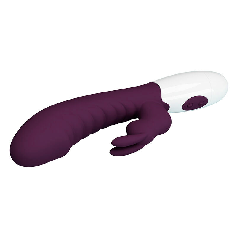 Vibrateur lapin Naughty Bunny, gros plan en diagonale sur l'oreille de lapin et la tige nervurée