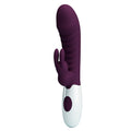 Vibrateur lapin Naughty Bunny violet foncé, vue de face à la verticale avec tête nervurée et stimulateur en forme d'oreille de lapin