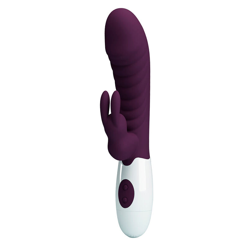Vibrateur lapin Naughty Bunny violet foncé, vue de face à la verticale avec tête nervurée et stimulateur en forme d'oreille de lapin