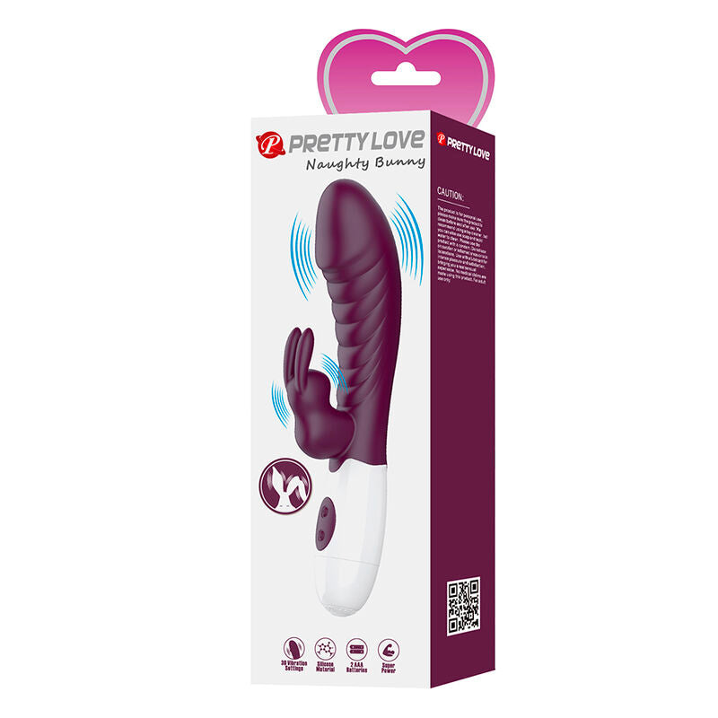 Emballage du Naughty Bunny Pretty Love, accroche cœur, pictogrammes de fonctions et QR code