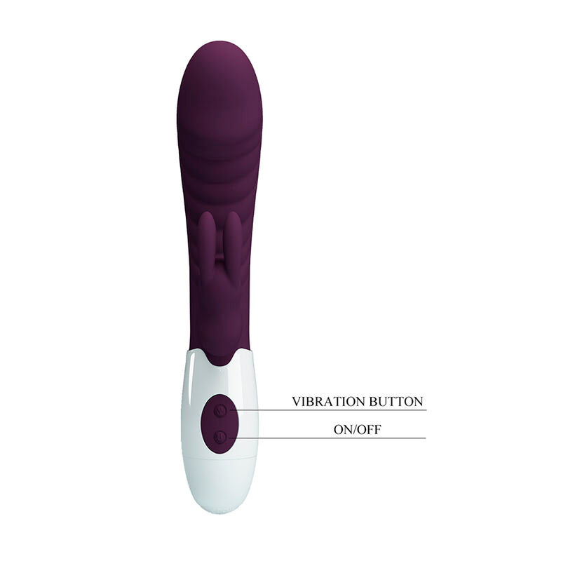Schéma annoté du Naughty Bunny : bouton de vibration et bouton marche/arrêt sur la base