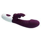 Vibrateur lapin Naughty Bunny vu en diagonale sous un autre angle, tige nervurée en premier plan