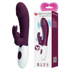 Vibrateur lapin Naughty Bunny à côté de son emballage Pretty Love à accroche en forme de cœur, pictogrammes 30 réglages de vibration, silicone, 2 piles AAA