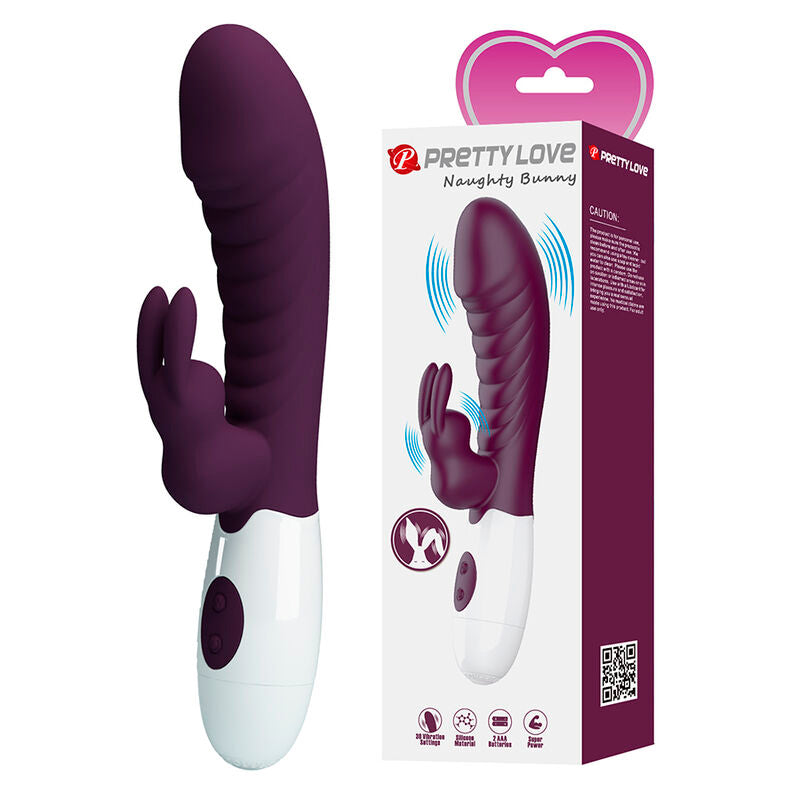 Vibrateur lapin Naughty Bunny à côté de son emballage Pretty Love à accroche en forme de cœur, pictogrammes 30 réglages de vibration, silicone, 2 piles AAA