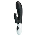 Vibrateur lapin Naughty Bunny noir, vue de face à la verticale avec tête nervurée et stimulateur en forme d'oreille de lapin