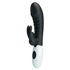 Vibrateur lapin Naughty Bunny noir, vue de face à la verticale avec tête nervurée et stimulateur en forme d'oreille de lapin