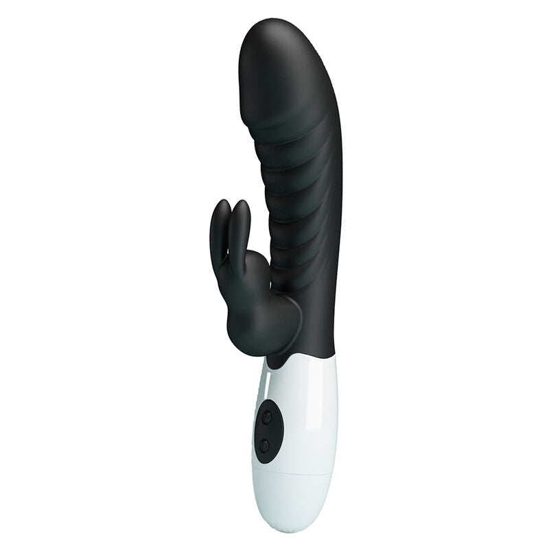 Vibrateur lapin Naughty Bunny noir, vue de face à la verticale avec tête nervurée et stimulateur en forme d'oreille de lapin