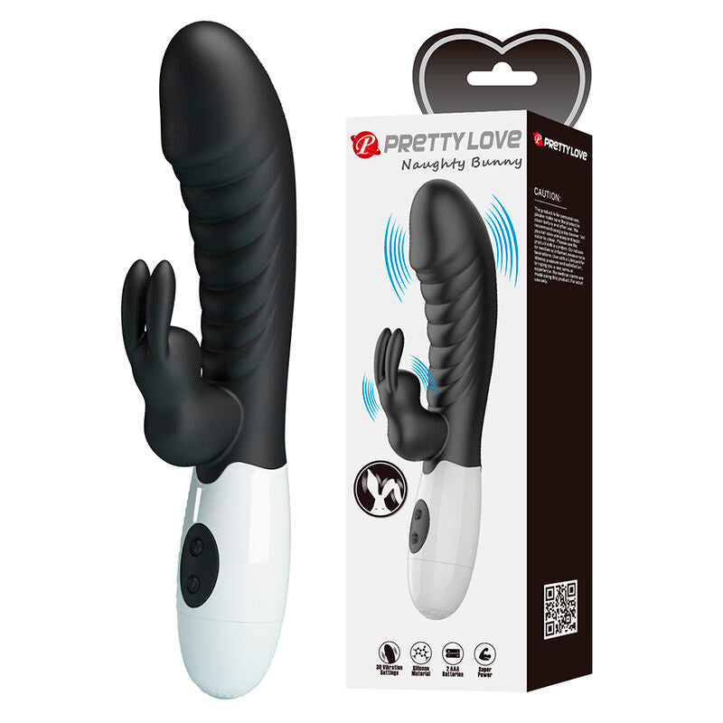 Vibrateur lapin Naughty Bunny noir à côté de son emballage Pretty Love à accroche en forme de cœur, pictogrammes de fonctions