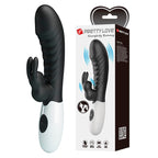 Vibrateur lapin Naughty Bunny noir à côté de son emballage Pretty Love à accroche en forme de cœur, pictogrammes de fonctions