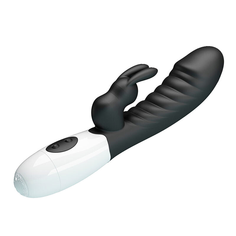 Vibrateur lapin Naughty Bunny noir vu en diagonale, boutons de commande visibles sur la base blanche