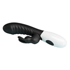 Vibrateur lapin Naughty Bunny noir, gros plan sur les deux boutons de commande de la base blanche